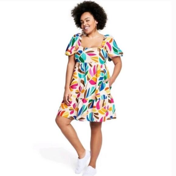 Tabitha Brown Linen Blend Botanical Smocked Puff Sleeve Tiered Dress Size Medium - Picture 3 of 14